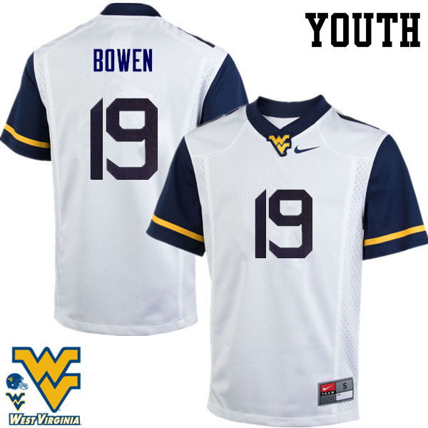 Youth #19 Druw Bowen West Virginia Mountaineers College Football Jerseys-White - Click Image to Close
